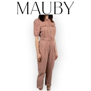 Mauby Blush Pink Puff Sleeve Denim Jumpsuit Small NWT Adjustable Asym Belt